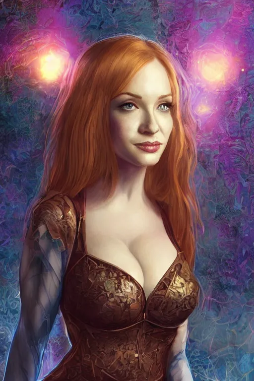 Image similar to frontal standing pose portrait of Christina Hendricks as a thin Sabrina the Teenager Witch, very beautiful young woman, ginger straight hair, Witch style push-up underwire. Intricate, concept art, magic mystique imagery lighting glowing overlay themed, D&D!, fantasy style, sharp focus!, ultra detailed, art by Artgerm and Peter Andrew Jones, WLUP, Magali Villeneuve