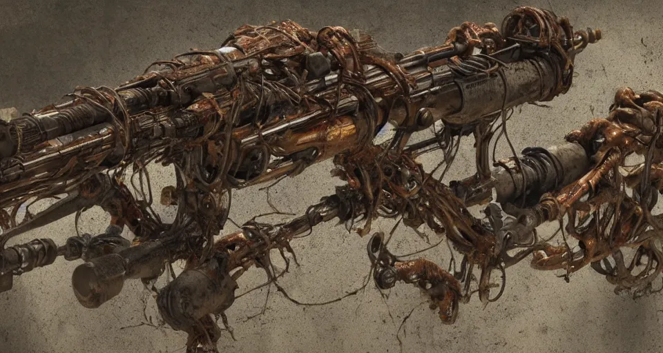 Image similar to Techno-biological rusty rifle consisting of tumors, veins, bones, kidneys, wires. Biopunk, body-horror, high detail, photorealism, full length view, very rust, concept art, octane render, 16k, 8k