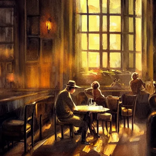 Image similar to brown cat with yellow eyes is sitting at table in a cafe at paris in early 2 0 th century. atmospheric feeling, warm colours, brown colours, yellow colours, epic scene, cinematic, very detailed, concept art, trending on artstation