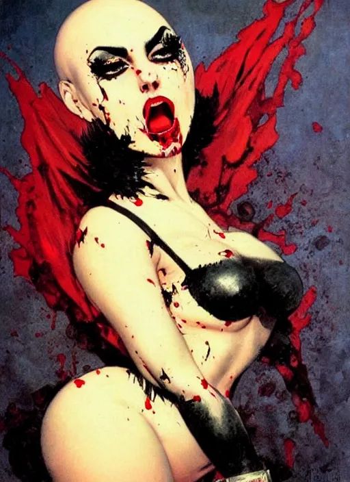 Prompt: portrait of bald iranian vampiress, strong line, saturated color, beautiful! coherent! by frank frazetta, high contrast, blood splatter background