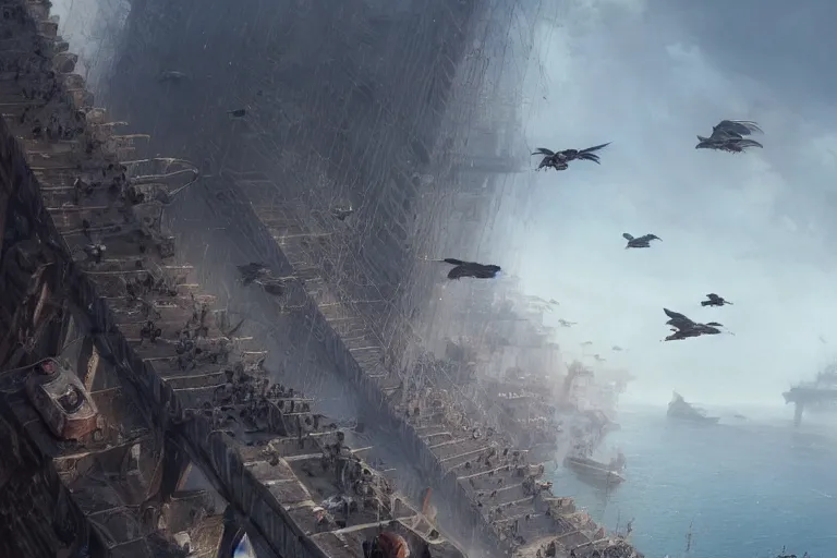 Image similar to people FLYING ON BIRDS, over the ocean, towards a GIGANTIC wall, protecting the city from black mist, cinematic, greg rutkowski, detailed, intricate