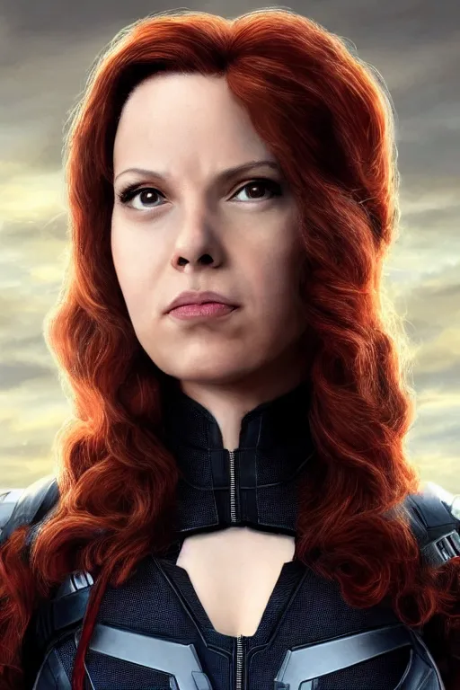 Image similar to annie edison from community as black widow in the avengers, portrait realistic photograph, very detailed face