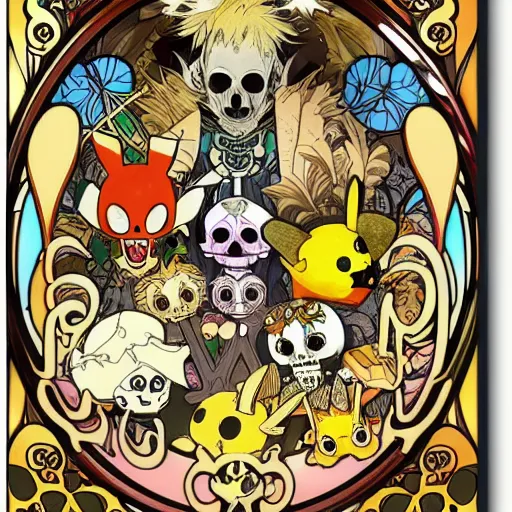 Image similar to anime manga skull portrait pikachu animal pokemon cartoon skeleton illustration style by Alphonse Mucha pop art nouveau