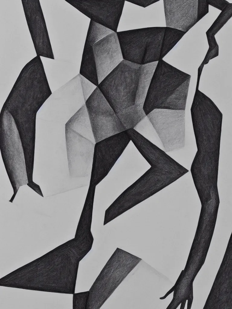 Image similar to geometric shape blocking of woman figure, detailed, charcoal on paper, high contrast