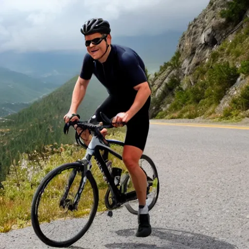 Prompt: matt damon cycling on a mountain road