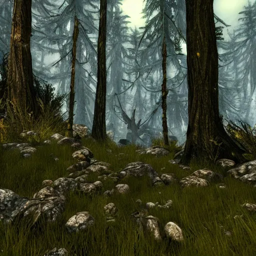 Image similar to a stunning screenshot of a mythical forest in Skyrim