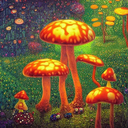 Prompt: “large intertwined mushrooms in a magical forest by tyler edlin, synthwave colors, gustav klimt”