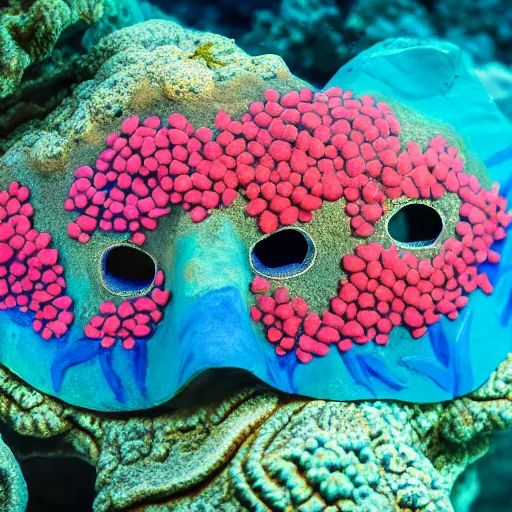 Image similar to a coral reef painted on a plaster mask, photography, highly detailed, high saturation, minimalistic, 4k