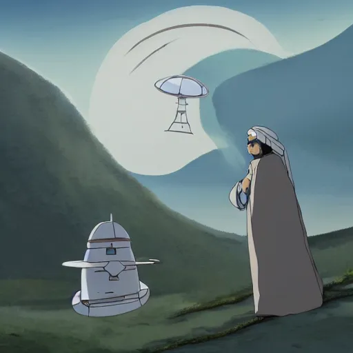 Image similar to an asymmetrical cell - shaded studio ghibli concept art study of a huge silver flying ufo in the sky. an elegant alien is greeting a middle eastern merchant on the ground. very dull colors,, hd, 4 k, hq