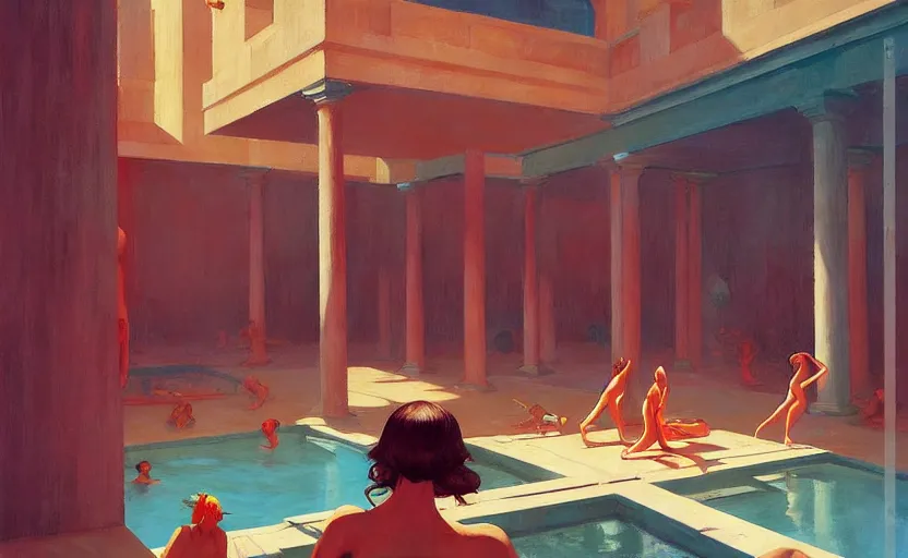 Image similar to Inside a greek dungeon with a big pool and ladies in bikini, very coherent, painted by Edward Hopper, Wayne Barlowe, painted by James Gilleard, airbrush, art by JamesJean