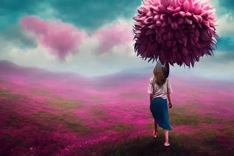 Image similar to giant dahlia flower crown as head, girl walking on mountain, surreal photography, pink storm clouds, dramatic light, impressionist painting, digital painting, artstation, simon stalenhag