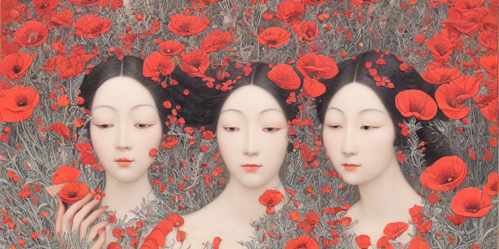 Image similar to breathtaking detailed concept art painting art deco pattern of faces goddesses of poppy flowers with anxious piercing eyes and blend of flowers and birds, by hsiao - ron cheng and john james audubon, bizarre compositions, exquisite detail, extremely moody lighting, 8 k