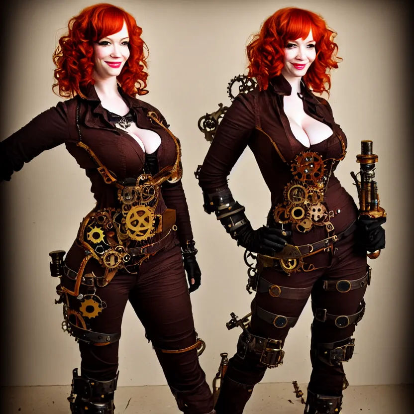 Image similar to full body photograph of christina hendricks as a steampunk warrior, extremely detailed. dslr. 8 5 mm.