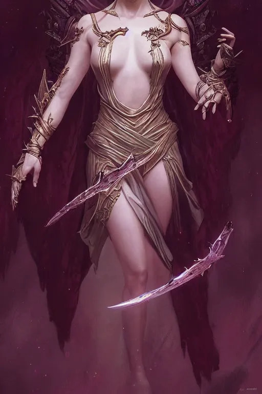 Prompt: beautiful vampire female queen, full body shot, ascending form the sky, hands reaching for her, d & d, fantasy, intricate, elegant, highly detailed, digital painting, artstation, concept art, matte, sharp focus, illustration, hearthstone, art by artgerm and greg rutkowski and alphonse mucha