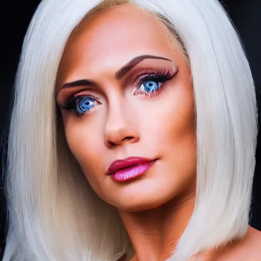 Prompt: female dwayne johnson with blonde wig and full makeup 4k photo