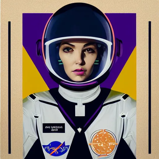 Image similar to an attractive and young and beautiful and female cosmonaut with a shiny black helmet and suit with geometric symbols staring at the camera with a gold layer and neon red trim and white trim and blue trim and purple trim and green trim and orange trim and planet and stars background by Greg Rutkowski and John Collier and Krenz Cushart and Artem Demura and Alphonse Mucha and Albert Aublet, as seen on ArtStation,a very high quality very detailed ink fine line illustration,4k