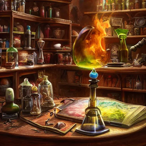 Prompt: hyper real, table, wizards laboratory, tony sart, mortar, pestle, scales with magic powder, energy flowing, magic book, beakers of colored liquid