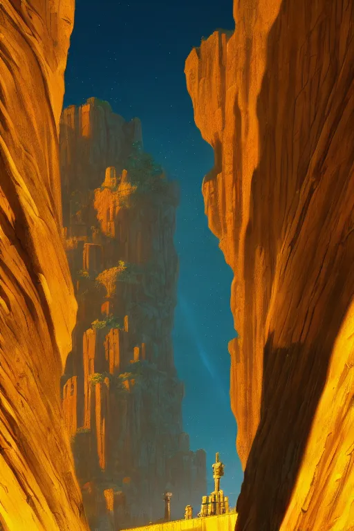 Image similar to ancient temple glowing yellow in a canyon, light streaks in a blue sky, dramatic lighting, artstation, matte painting, ralph mcquarrie, simon stalenhag