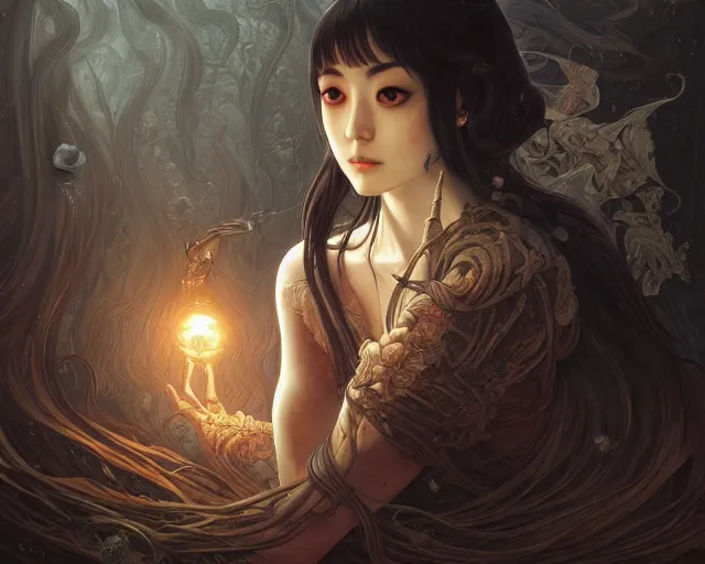 Prompt: photography of junji ito, deep focus, d & d, fantasy, intricate, elegant, highly detailed, digital painting, artstation, concept art, matte, sharp focus, illustration, hearthstone, art by artgerm and greg rutkowski and alphonse mucha