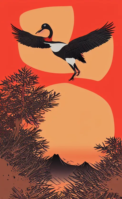 Prompt: hanafuda, a huge japanese crane bird is flying above a lake in the middle of a forest of japanese pines, a big red sun in the background, front game card, vector line art, trending on behance, concept art, stunning, matte