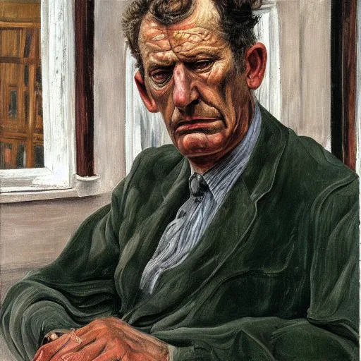 Prompt: high quality high detail painting by lucian freud, hd, portrait of sad bartender