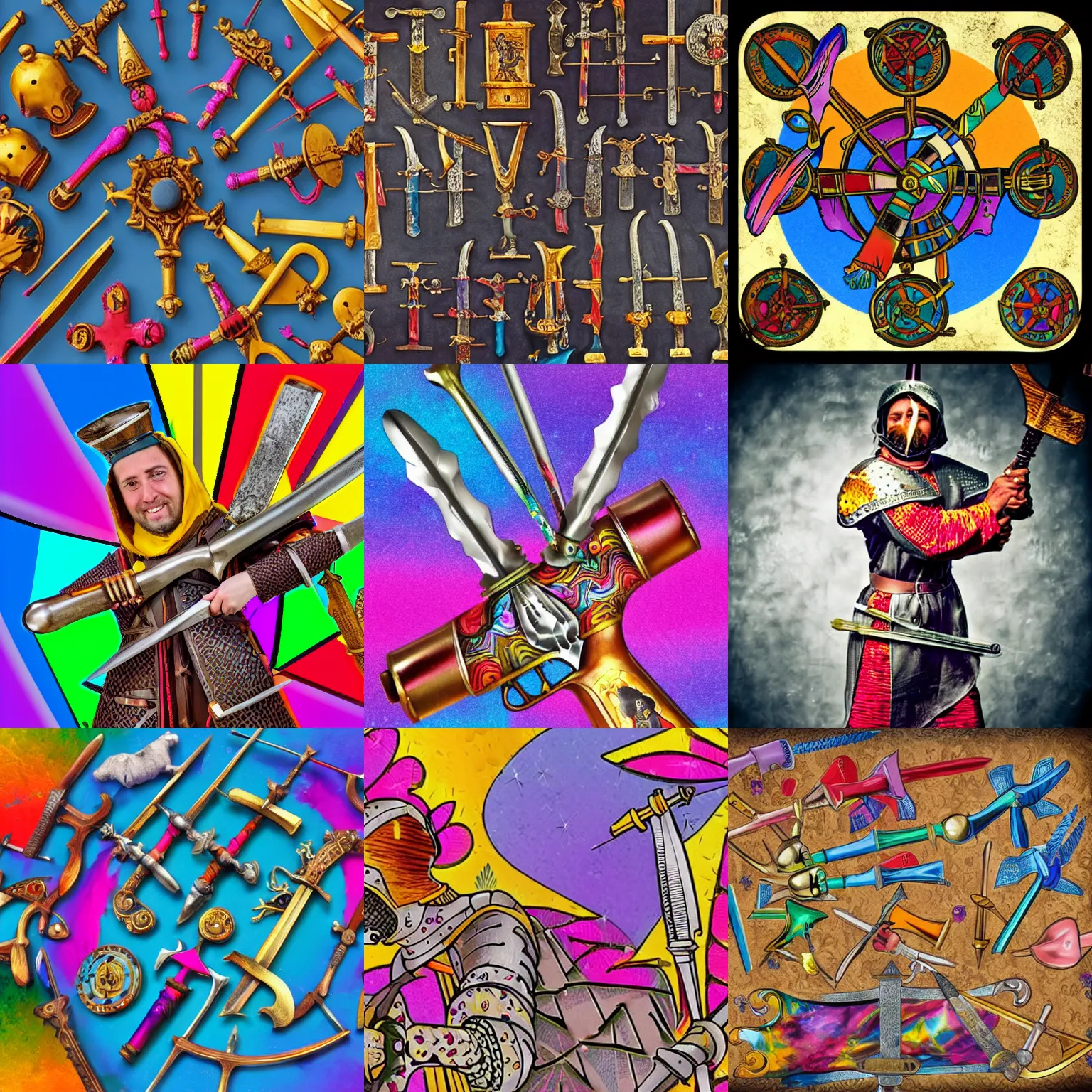 Prompt: a photo of medieval weaponry in the style of Lisa Frank