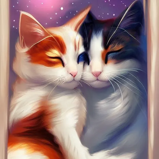 Image similar to two cute multi - colored calico cats with beautiful eyes sleeping inside a cozy home in the evening, stars shining in the night sky through the window, gorgeous art by artgerm, artstation, cgsociety, storybook art