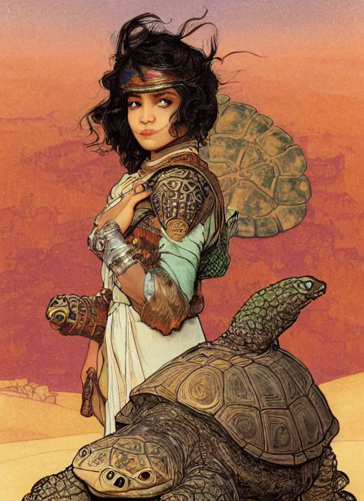 Image similar to portrait of a little warrior girl sitting on top of a giant turtle in the desert. the girl has dark skin and beautiful green eyes, realistic body legs and a very beautiful detailed symmetrical face with long black hair. the turtle has a big wise face and closed eyes. diffuse light, dramatic landscape, fantasy illustration by mucha