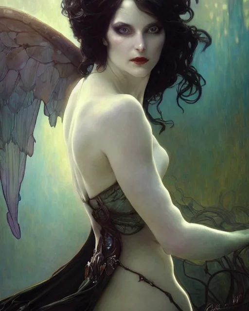 Image similar to daniel gerhartz, wlop, tom bagshaw, alfons mucha, detailed portrait digital painting of a beautiful serious villainess wearing fantasy clothing like liliana vess, villainess has black angel wings, evil mood, hellish battlefield in the background, embers flying, unreal engine, hyper realism, realistic shading, cinematic composition, blender render, ultrawide shot