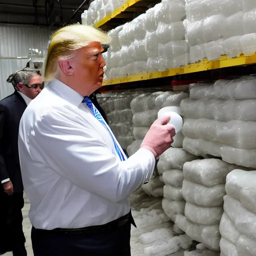 Prompt: donald trump inspecting quality of soap in a soap factory