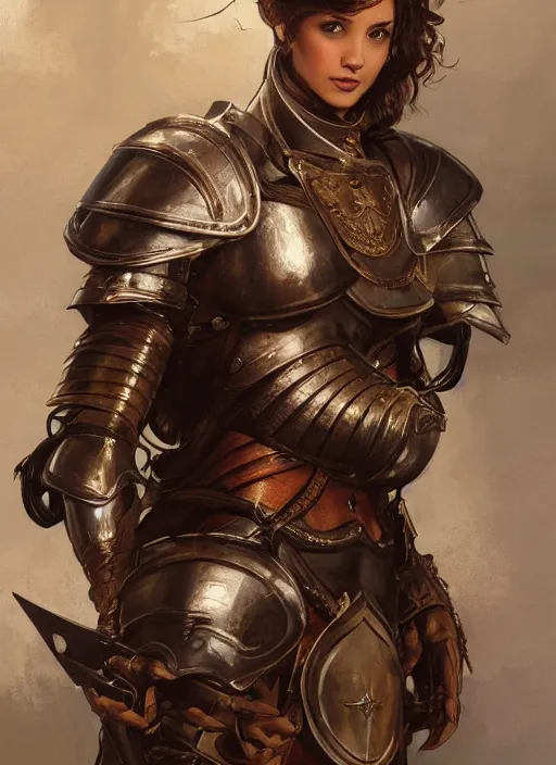Image similar to medium-length portrait of a female knight with short curly hair and brown eyes, dark brown skin, happy expression, wears a combination of plate armor and boiled leather, medieval setting, highly detailed, digital painting, artstation, concept art, sharp focus, illustration, art by greg rutkowski and alphonse mucha