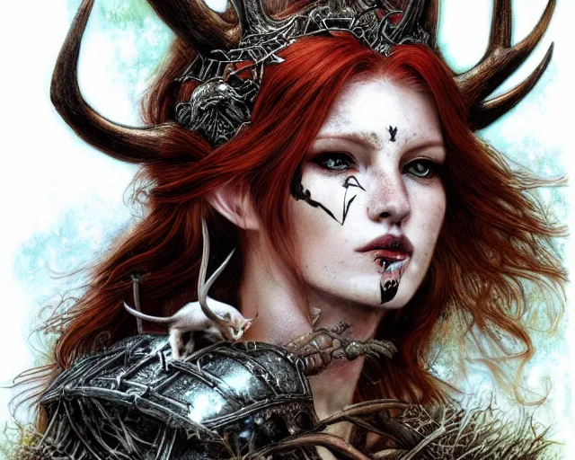 Image similar to 5 5 mm portrait photo of an armored gorgeous aesthetic redhead woman warrior with a face tattoo and antlers growing from her head and cat on her shoulder, in a magical forest. art by luis royo. highly detailed 8 k. intricate. lifelike. soft light. nikon d 8 5 0.
