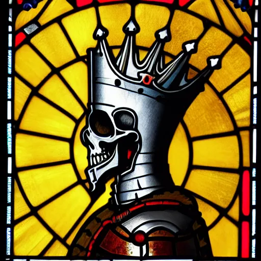 Prompt: detailed side - view portrait of a knight, kaldor helmet, skull - shaped visor, no mandible, royal crown with big spikes, plate armor, gothic stained glass window, shiny red background, very masterful, backlit
