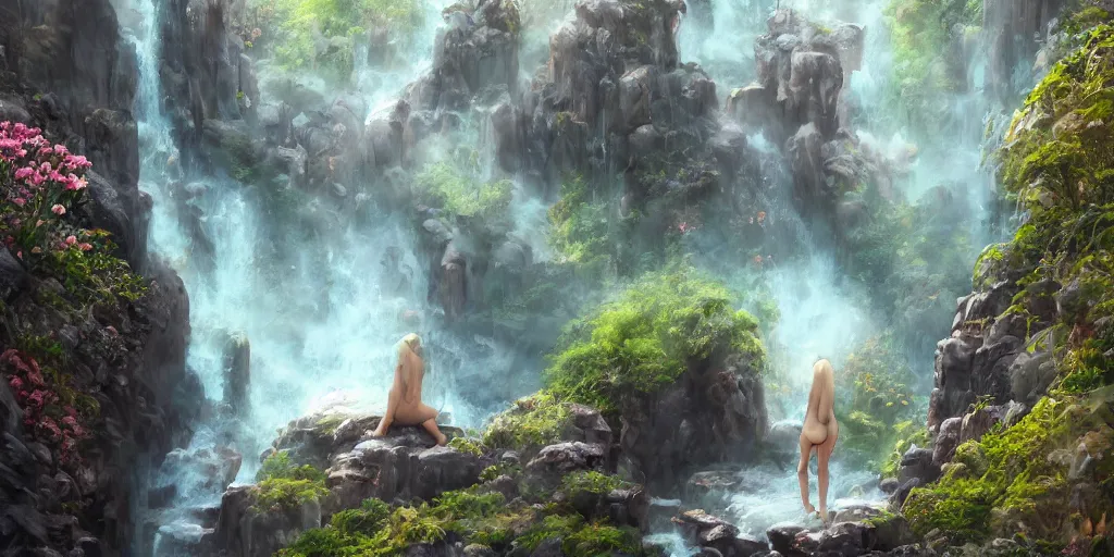 Image similar to cozy mountain hot springs hidden in a cave, lush trees and flowers, date trees, ivory towers, sun setting, ross tran, nephilim, pyroclastic flow, ethereal, fantasy, James Jean, oozium, peter morbacher, angelarium, alchemy, luxury, heavenly light, Soft illumination, Trending on artstation, Cinematic Lighting, digital painting, octane render, artgerm