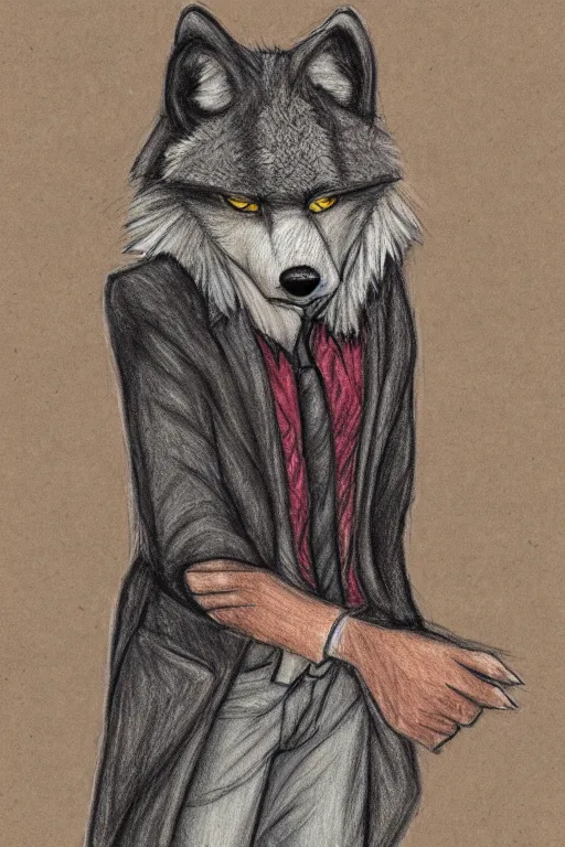 Image similar to master furry artist colored pencil drawing full body portrait character study of the anthro male anthropomorphic wolf fursona animal person detective new york city street