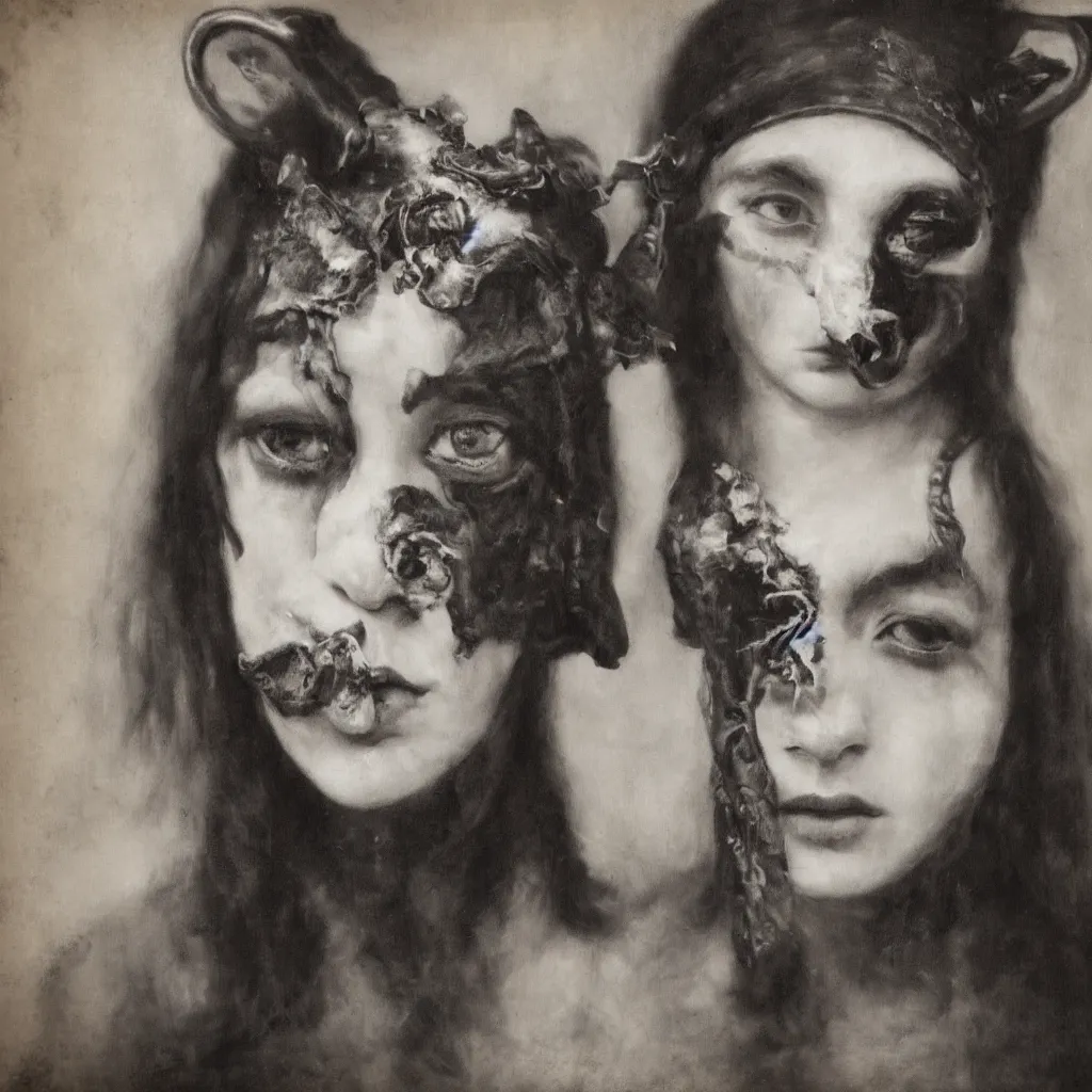 Image similar to tintype of a girl with black goat mask, hyperrealistic, detailed