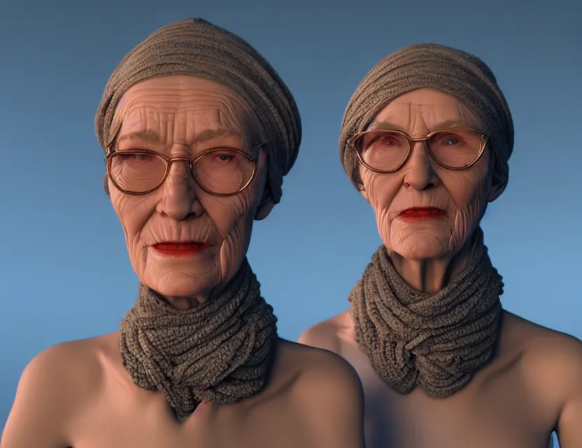 Prompt: cinematic bust portrait of robo - cyborg granny, a scarf tied on the head, by jean giraud, trending artstaition, unreal engine