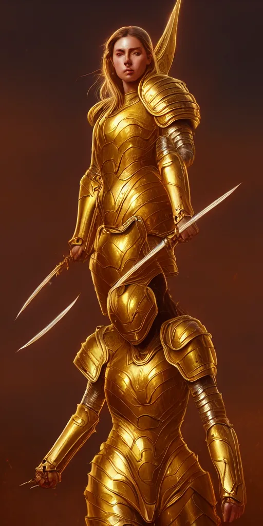 Image similar to professional digital art of a hyper realistic and highly detailed woman beautiful golden armor. accurate rending of one woman in armor. greg rutkowski, zabrocki, karlkka, jayison devadas, intricate, trending on artstation, 8 k, unreal engine 5, pincushion lens effect