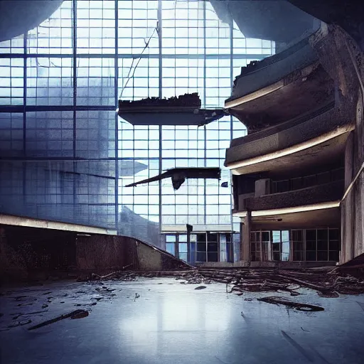 Prompt: “derelict architecture buildings, building designed by architect Norman Foster, architecture digest, building surrounded in a luxurious environment, modern tones, fluorescent lighting,volumetric Lighting, cyber punk, photorealism, high detail, golden ratio, cinematic, octane renderer”