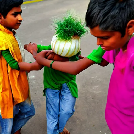 Prompt: indian boy dressed as an onion getting bullied