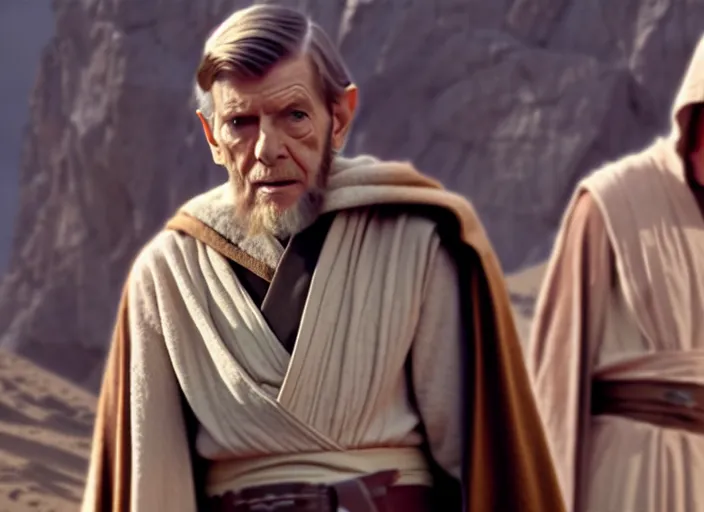 Image similar to young leonard nimoy as obi - wan kenobi, wearing a robe, in star wars : the force awakens ( 2 0 1 5 ). movie still