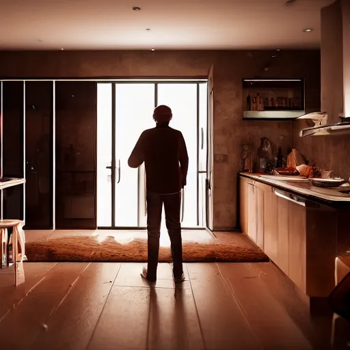Image similar to man standing in kitchen late at night eating biscuits and drinking red wine, realistic artstyle, wide shot, dramatic lighting, octane render, hyperrealistic, high quality, highly detailed, hd, beautiful, cinematic, 8 k, unreal engine, facial accuracy, symmetrical