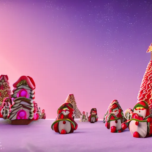 Image similar to cinematic Candy land forest during christmas time with anthropomorphic ginger bread people and candy people, rivers made out of chocolate milk, the sky is pink, 3d render, Trending on artstation