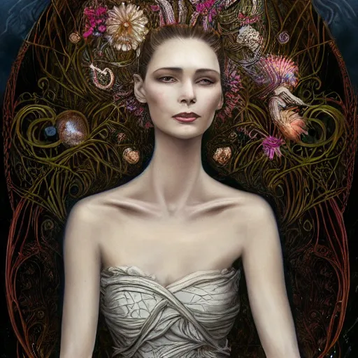 Prompt: facial portrait of a young pretty woman in flowing dress, arrogant, mysterious, long fine flowing hair, delicate, looking at camera, slightly awkward smile, realistic face, hands behind back, intricate, stylish, elegant, grimdark fantasy, flowers, extremely detailed painting inspired by Gerald Brom and Ernst Haeckel and Greg Rutkowski