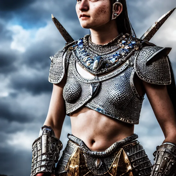 Image similar to photo of a warrior queen wearing sapphire encrusted armour, highly detailed, 4 k, hdr, smooth, sharp focus, high resolution, award - winning photo