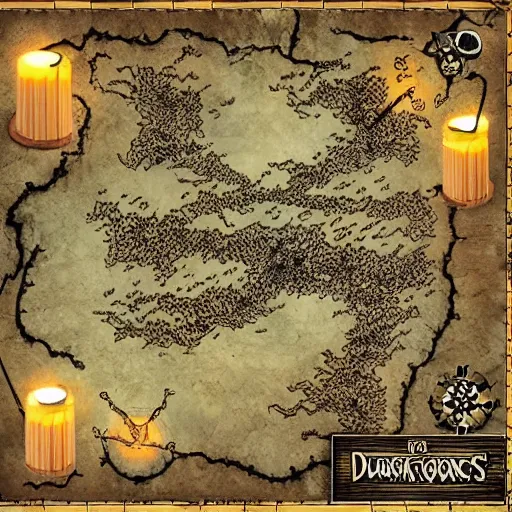 Image similar to dungeons and dragons dungeon map, dark, gloomy, dim candle light