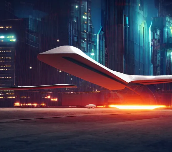 Prompt: futuristic sci fi jet lands at runway of cyberpunk city, night photo ,cinematic lighting , digital concept art