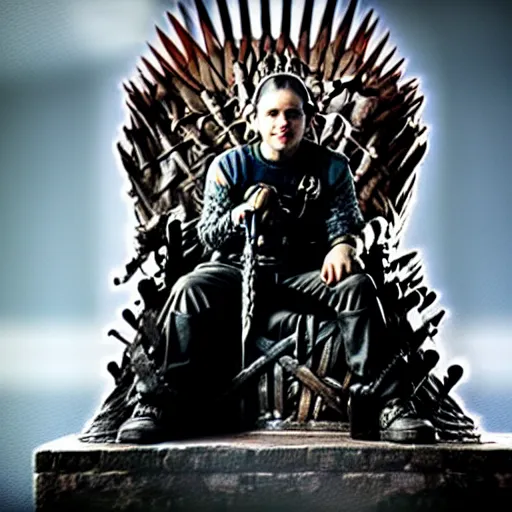 Prompt: skrillex sitting on the iron throne of game of thrones