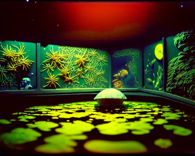 Image similar to low angle shot of a space station at night, aquatic plants, coral, shabby chic, cinematography by Jim Jarmusch, composition by Max ernst, in the style of Ilya Kuvshinov, set design by Antonin Gaudí, 35mm, graflex, color film photography