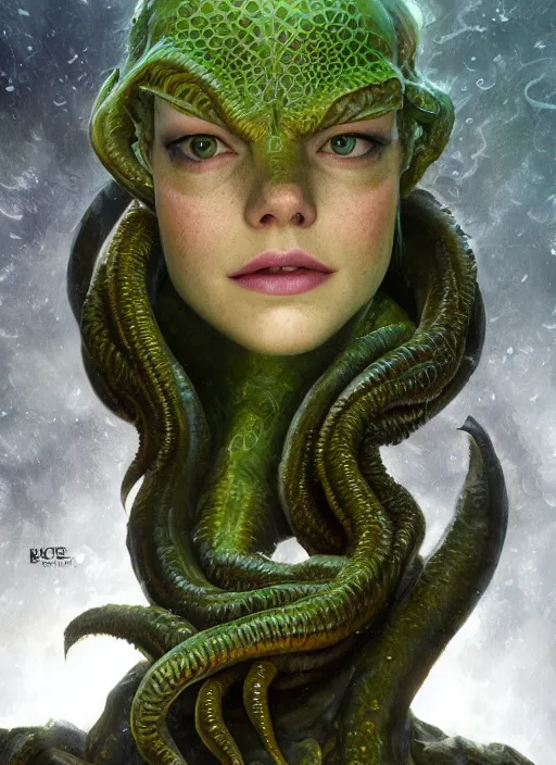 Prompt: portrait emma stone as cthulhu, hyper detailed, digital art, trending in artstation, cinematic lighting, studio quality, smooth render, unreal engine 5 rendered, octane rendered, art style by klimt and nixeu and ian sprigger and wlop and krenz cushart.